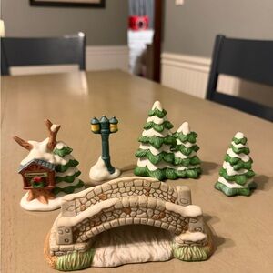 Homco Holiday Village Set with Green Trees and Stone Bridge